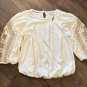 Chico’s Women's White and Tan Lace Sleeve Blouse